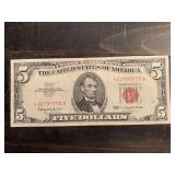 1963 $5 RED SEAL UNITED STATES STAR NOTE WITH UNIQUE SERIAL NUMBER - SERIAL NO *02797775A