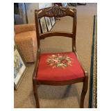 ANTIQUE BEAUTIFUL MAHOGANY HAND CARVED SIDE CHAIR WITH NEEDLEPOINT FLORAL SEAT 33" TALL X 17 3/4" WIDE X 15" DEEP