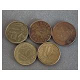 5 FOREIGN COINS (1961 MEXICO 5 CENTAVOS COIN, 2011 BRAZIL 10 CENTAVOS COIN, 2008 TRINIDAD AND TOBAGO 5 CENT COIN, 1951 FRANCE 10 FRANCS COIN, 1974 FRANCE 10 CENTIMES COIN) - CHECKOUT