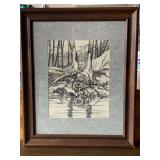 PEN AND INK DRAWING - RACOON IN FOREST BY N. SCHELLENBERG FRAMED/MATTED 19 3/4" X 23 3/4"