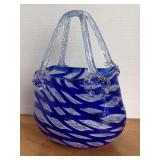 HAND BLOWN ART GLASS COBALT/CLEAR PURSE 9 1/2" TALL X 7" LONG