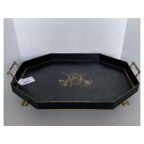 EXTRA LARGE VINTAGE BLACK METAL OCTAGON FOOTED SERVING TRAY W/ HANDLES TOLE PAINTED CENTER 21 1/2" LONG X 15" WIDE X 2 3/4" TALL