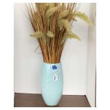HAND BLOWN LIGHT TURQUOISE BLOWN GLASS VASE 12" TALL X 6 1/2" WIDE WITH DRIED FLORAL