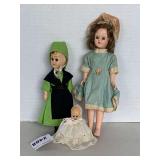 VINTAGE AMISH DOLL 6 1/2" TALL, VINTAGE DOLL 8" TALL & VINTAGE BABY DOLL 2 3/4" TALL