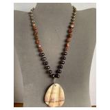 HANDMADE SHELL NECKLACE WITH CHOCOLATE PEARLS, GOLD TONE & BRONZE COIN PEARLS 17" LONG - CHECKOUT