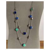 SILVERTONE DOUBLE CHAIN NECKLACE W/ FAUX TURQUOISE & LAPIS 20" LONG - CHECKOUT