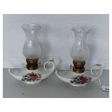 PAIR ANTIQUE PORCELAIN ALADDIN OIL LAMPS W/ FROSTED GLOBES 7" TALL X 5 1/2" LONG