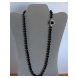 VINTAGE FACETED BLACK JET GLASS NECKLACE WITH FLOWER CLASP 23" LONG - CHECKOUT