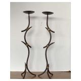 PAIR RETRO BRONZE METAL PILLAR CANDLESTICKS 18" TALL