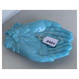 VINTAGE TURQUOISE BLUE MILK GLASS HANDS DISH 6" WIDE X 8" LONG