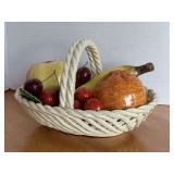 VINTAGE WHITE CERAMIC WOVEN BASKET WITH FRUIT 9" X 7"