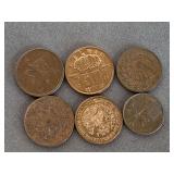 6 FOREIGN COINS (1967 NEW ZEALAND 1 CENT COIN, 1974 NORWAY 5 ORE COIN, 1980 BARBADOS 1 CENT COIN, 1992 BELGIAN 50 CENTIMES COIN, 1973 MEXICO 5 CENTAVOS COIN, ISRAEL 10 AGOROT COIN) - CHECKOUT