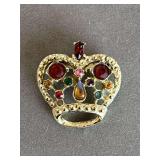 VINTAGE SILVERTONE CROWN BROOCH W/ MULTI COLOR RHINESTONES - CHECKOUT
