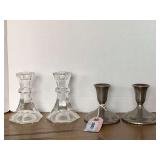 VINTAGE PAIR WILLIAM A ROGERS SILVERPLATE CANDLESTICK 4" TALL & PAIR HEAVY CRYSTAL CANDLESTICKS 5" TALL