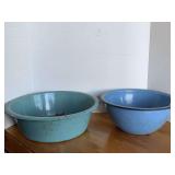 2 VINTAGE BLUE ENAMEL BOWLS/WASH PANS 15" ROUND, 12" ROUND