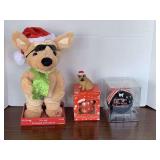 ANIMATED CHRISTMAS CHIHUAHUA 12" TALL, 2 DOG ORNAMENTS & 1 CAT ORNAMENT