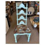 VINTAGE PAINTED LADDER BACK CHAIR WITH RETRO CUSHION 45" TALL X 20" DEEP X 19" WIDE