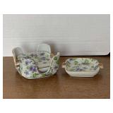 VINTAGE LEFTON "VIOLET CHINTZ" ASHTRAY SET 3 1/2" SQUARE X 1 7/8" TALL