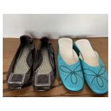USED ENZO ANGIOLINI TURQUOISE LEATHER SLIP ONS SIZE 6M (NEED NEW HEELS) & USED BCBGIRLS BLACK PATENT FLATS SIZE 7 1/2