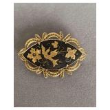 VINTAGE DAMASCENE BIRD WITH FLOWERS FILIGREE BROOCH - CHECKOUT