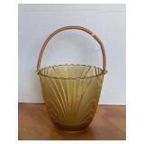 VINTAGE AMBER ICE BUCKET W/ RATTAN HANDLE 5 3/4" TALL X 6" ROUND