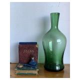 RUSS RESIN BOOKEND 6" TALL X 6" WIDE X 5" DEEP & HAND BLOWN GREEN WINE BOTTLE 13" TALL
