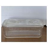VINTAGE MEDIUM HAZEL ATLAS REFRIGERATOR DISH W/ VEGETABLE EMBOSSED LID 8 3/4" LONG X 4" WIDE X 3 1/2" TALL