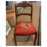 ANTIQUE BEAUTIFUL MAHOGANY HAND CARVED SIDE CHAIR WITH NEEDLEPOINT FLORAL SEAT 33" TALL X 17 3/4" WIDE X 15" DEEP