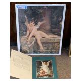 LARGE FRAMED LITHOGRAPH BY E. MUNIER "CUPID AT REST" 17X21 & 8 FRAMEABLE GUARDIAN ANGEL PRINTS 9X12