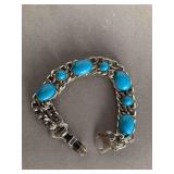 VINTAGE SILVERTONE DOUBLE CHAIN LINK BRACELET WITH FAUX CABOCHON TURQUOISE STONES - CHECKOUT