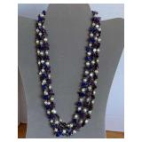 BEAUTIFUL MULTI STONE 3 STRAND NECKLACE WITH CULTURED PEARLS, LAPIS & AMETHYST 21" LONG - CHECKOUT