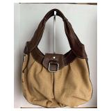 FOSSIL SATCHEL HOBO BAG BURLAP FABRIC/LEATHER TRIM
