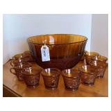 LARGE AMBER INDIANA GLASS "TIARA SANDWICH GLASS" PUNCH BOWL & 12 CUPS