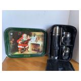 COCA-COLA TRAY 14" X 10 1/2" & NEW 3 PIECE THERMAS SET W/ CARRYING CASE