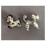 VINTAGE SILVERTONE POODLE BROOCH & VINTAGE SILVERTONE PONY BROOCH W/ BLACK/WHITE ENAMEL & RED RHINESTONE EYES - CHECKOUT