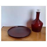 VINTAGE RUBY RED DECANTER W/ CRYSTAL STOPPER 9" TALL & RUBY RED ROUND PLATE 9 1/2" ROUND