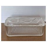 VINTAGE MEDIUM HAZEL ATLAS REFRIGERATOR DISH W/ VEGETABLE EMBOSSED LID 8 3/4" LONG X 4" WIDE X 3 1/2" TALL