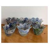 6 BLUE/GREEN ART GLASS VOTIVE HOLDERS