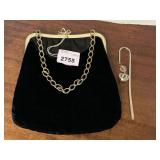VINTAGE BLACK VELVET HANDBAG & VINTAGE SILVERTONE BOOKMARK W/ ;RHINESTONE CROWN