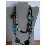 MIXED GLASS BEADED NECKLACE 18" LONG & LONG ROPE NECKLACE W/ TURQUOISE/BLACK DISCS 36" LONG - CHECKOUT