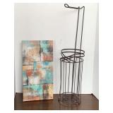 BRONZE METAL TOILET PAPER HOLDER & ABSTRACT ON CANVAS 15 7/8" X 8"