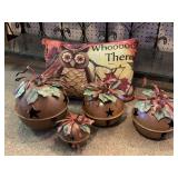 OWL THROW PILLOW & 4 METAL LARGE CHRISTMAS BELLS