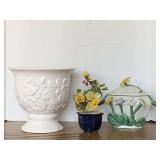 DEARTIS WHITE CERAMIC EMBOSSED PLANTER MADE IN PORTUGAL 9 1/8" ROUND X 8 3/4" TALL (DAMAGE ON BASE & FLEA BITES ON RIM), SMALL VINTAGE JADE/GLASS FLOWER BONSAI TREE 8" TALL & HANDCRAFTED CERAMIC FLOWE