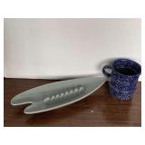 ART DECO ASHTRAY & BLUE SPECKLED ENAMEL MUG