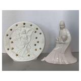 CERAMIC ANGEL VOTIVE 9" ROUND PLATE & CERAMIC MARY/JESUS STATUE 9" TALL