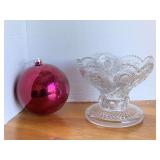 VINTAGE PRESSED GLASS FOOTED COMPOTE 8 1/4" ROUND X 6 3/4" TALL & LARGE PINK CHRISTMAS BALL