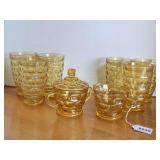 VINTAGE AMBER FEDERAL GLASS "YORKTOWN COLONIAL" - 6 WATER GLASSES, COVERED SUGAR, CREAMER