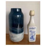 HAND BLOWN ART GLASS BLUE/WHITE VASE 10" TALL & VINTAGE VANDERMINT BLUE DELFT DECANTER 9 1/2" TALL