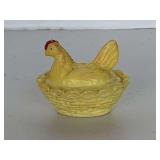 VINTAGE YELLOW MILK GLASS MINIATURE HEN ON NEST 2 1/2" LONG X 2" WIDE X 2" TALL