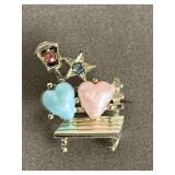 VINTAGE SILVERTONE PARK BENCH BROOCH W/ PINK & BLUE HEARTS - CHECKOUT